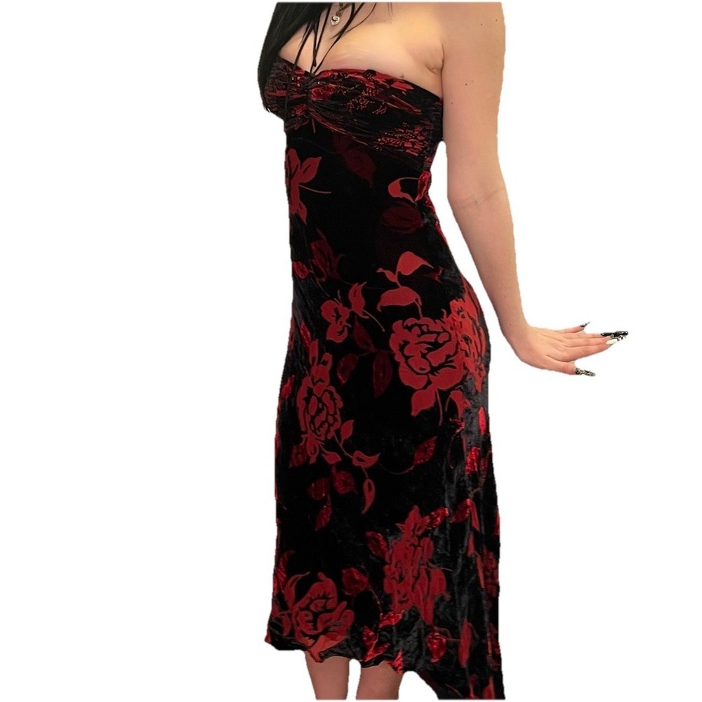 Cache Vtg Velvet Burnout Halter Dress Y2K Black Red Floral Romantic Goth Prom 2